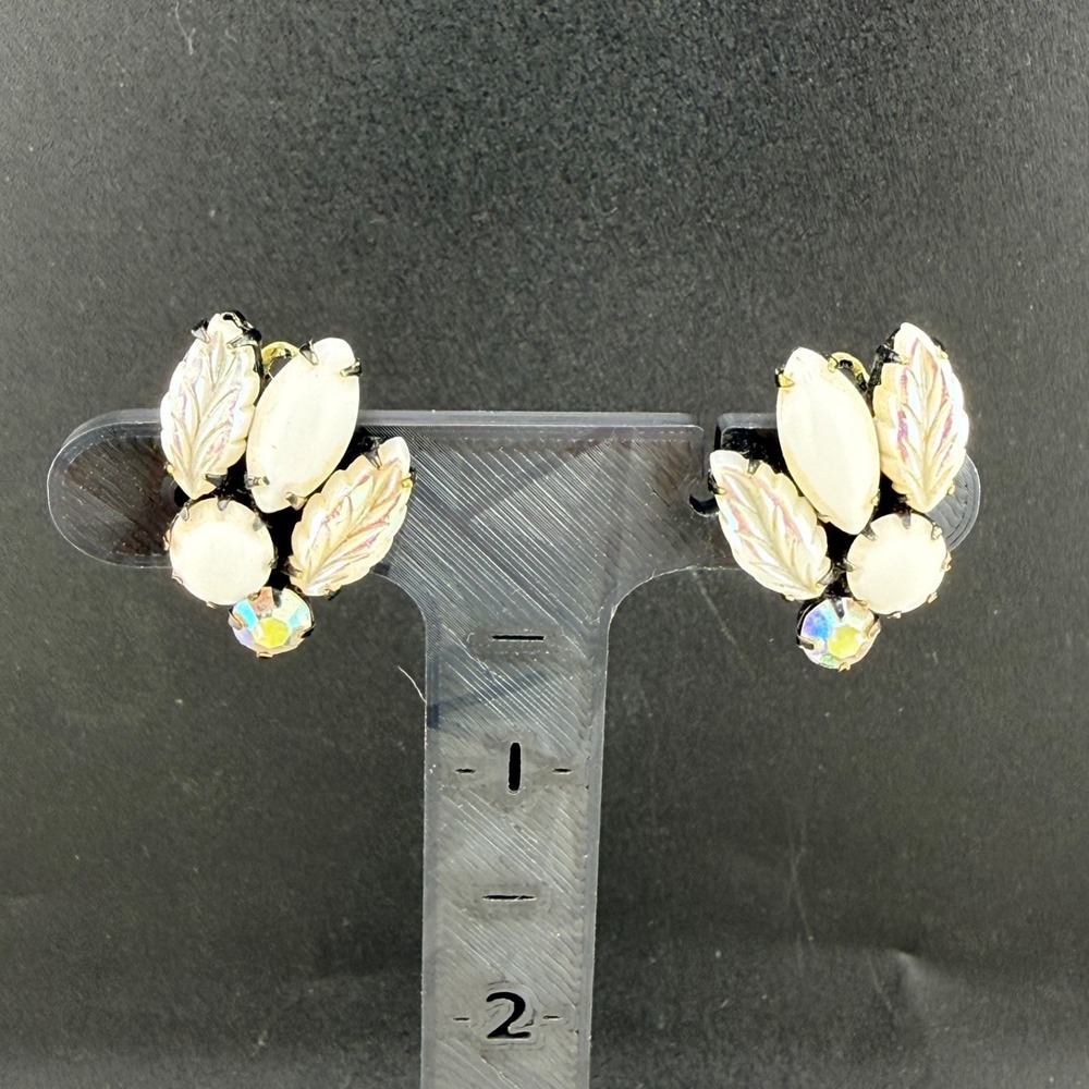 Vintage Rhinestone Clip On‎ Earrings Leaf Milk Glass